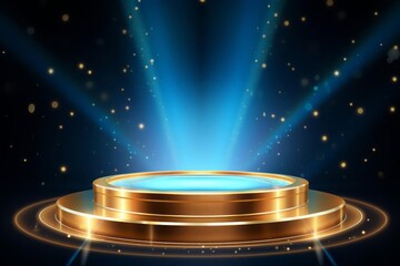 Empty golden podium on a blue background with light neon effects with bokeh decorations. Luxury scene design concept.