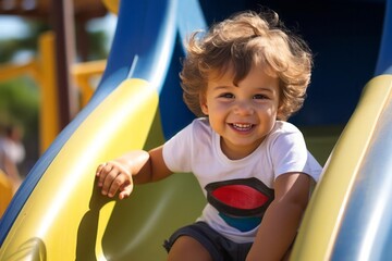 Happy preschooler boy playing on a slide on the playground in summer