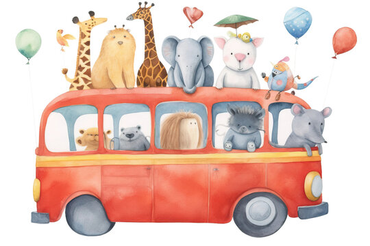 Rhino drawn hand rabbit watercolor animals Little stock illustration friends Beautiful bus cute giraffe koala