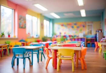 Blurred image of a colorful kindergarten classroom, generative AI - obrazy, fototapety, plakaty