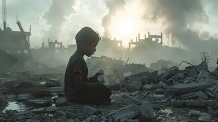 The image depicts a young child sitting solemnly among ruins with a porcelain doll in hand. The setting sun casts a glow over a devastated landscape of collapsed buildings - AI Generated Digital Art