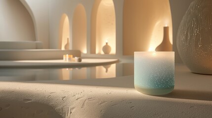 An elegant and serene spa-like interior with a focus on a luxury scented candle glass on a white textured shelf  - AI Generated Digital Art