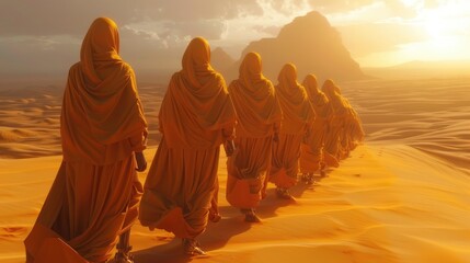 A group of figures cloaked in golden-orange robes, traversing a vast desert landscape - AI Generated Digital Art - obrazy, fototapety, plakaty