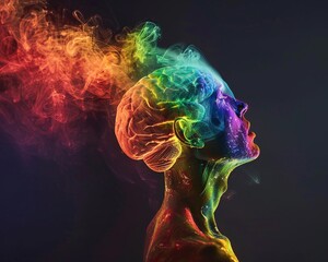 Brain-headed figure exuding rainbow smoke