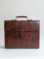 Brown retro leather briefcase on white background.