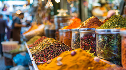 An array of spices displayed at outdoor market stalls showing a variety of colors and textures