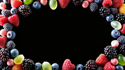 Assorted Fresh Berries and Fruits Frame on Black Background. Free space for text, description, headline, advertised product or cosmetics
 - obrazy, fototapety, plakaty