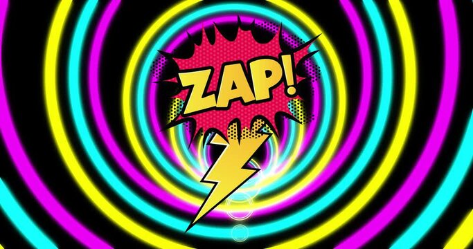Animation of zap text on explosion bolt over tunnel of pink, yellow and blue neon rings