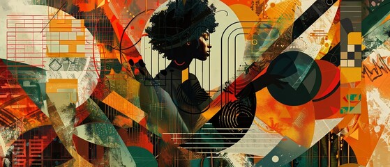 A fusion of mythology and jazz in a digital collage featuring abstract shapes and patterns