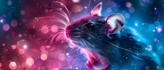 Foto op Plexiglas A playful pop art interpretation of a rat in a cosmic galaxy setting © PrusarooYakk