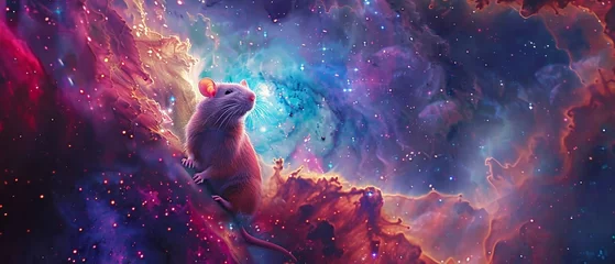 Rolgordijnen A playful pop art interpretation of a rat in a cosmic galaxy setting © PrusarooYakk