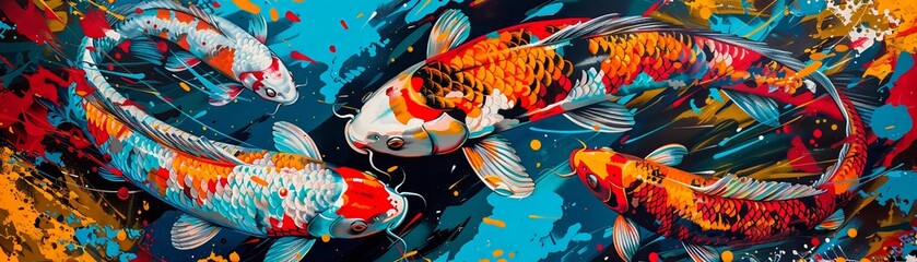 A pop art inspired piece featuring vibrant colors and bold patterns showcasing koi fish swimming in a pond