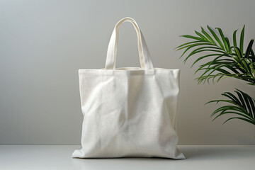 White blank tote bag mock up, minimalist background , front view of the front, white canvas has soft lighting,  banner and template 