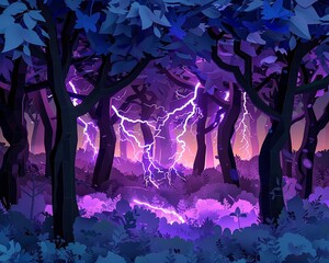 Fototapeta premium Bold pop art rendition of a forest scene with striking purple lightning in 3D form