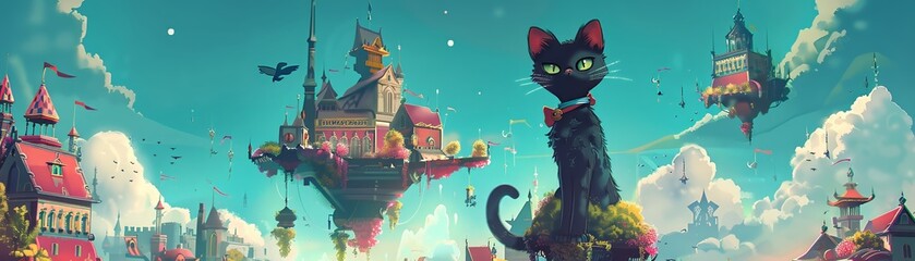 Naklejka premium Create a whimsical depiction of cat royalty in a floating kingdom using bright