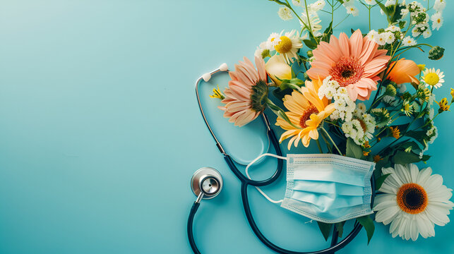 Flat lay composition with stethoscope, flower and mask on color background ,Doctors day card with stethoscope and pink and yellow ,white ,orange roses
