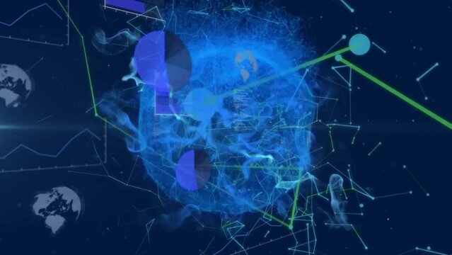 Animation of data processing and network of connections over globe