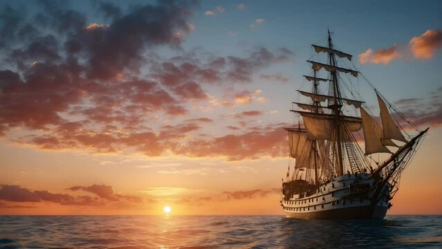 Ship sails on the ocean with a beautiful sunset view background