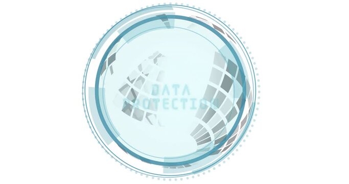 Animation of data protection text over circular scanner mirror ball processing on white background
