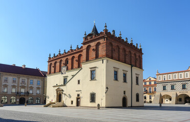 Down Town of Tarnow with Market Square and  renaissance Town Hall from XVI century on a sunny day