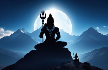 Illustration for maha shivratri with lord shiva silhouette sitting in meditation on a mountain top with a trident.  - obrazy, fototapety, plakaty