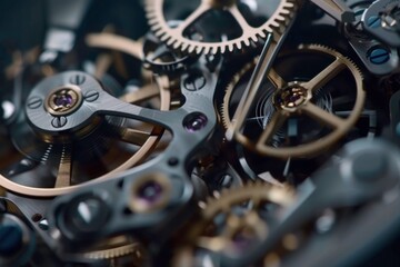 A close up of a clock with many gears