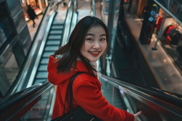 A woman in a red coat is smiling and standing on an escalator