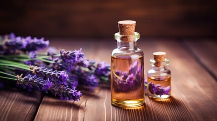 Obraz na płótnie Canvas A glass bottle of lavender essential oil with fresh lavender flowers, an aromatherapy spa massage concept. Alternative medicine. Aromatherapy.