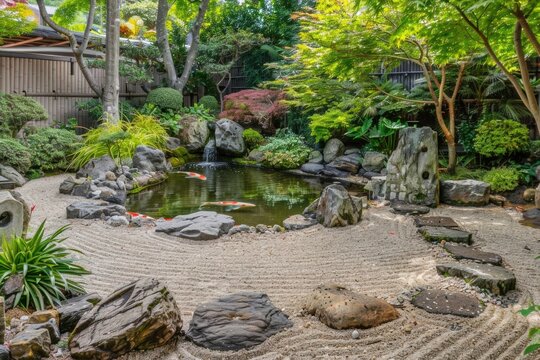 A Japanese garden with a pond and rocks
