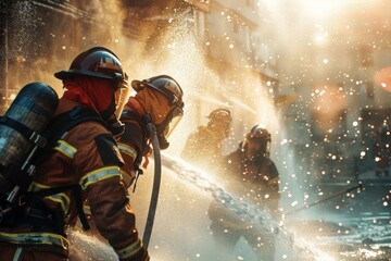 firefighters putting out a fire Generative AI - obrazy, fototapety, plakaty