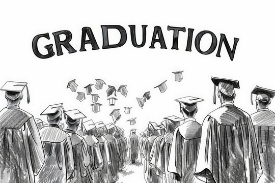 Monochrome sketch of graduates lined up with GRADUATION text overhead