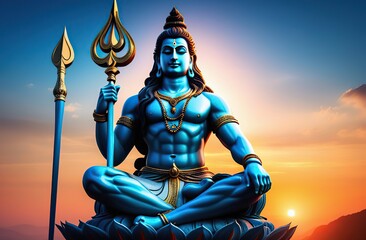 Obraz premium Illustration of lord shiva sitting in meditation with a trident at sunset