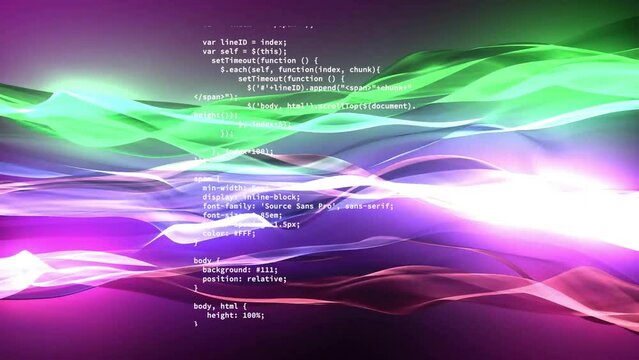 Animation of data processing over glowing green and pink waves