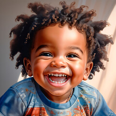 3-year-old boy, African-American, laughing merrily - obrazy, fototapety, plakaty