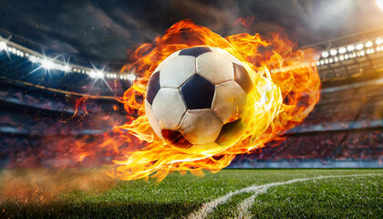 Fiery hot soccer ball kicked with power. Football game. Orange flame. Professional active sport.