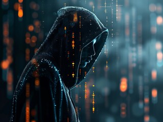 Anonymous hacker in black hoodie with cybercrime concept, cyberattack, dark web. - obrazy, fototapety, plakaty