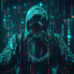 Anonymous hacker on a code digital interface background, internet crime concept, cybercrime concept, cyberattack, dark web.