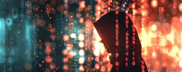 Anonymous hacker on a code digital interface background, internet crime concept, cybercrime concept, cyberattack, dark web.