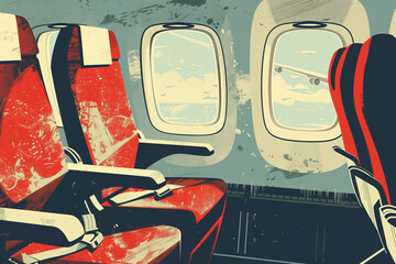 block print illustration of airplane cabin interior