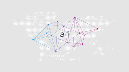 Artificial Intelligence. Dotted world map background. Network pattern. Machine deep learning. Smart digital technology. AI vector illustration. Blue and pink gray white design element - 758125614