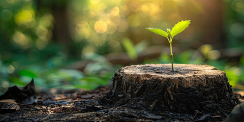 A small green sprout grows from the center of an old tree stump on green blurred background, new life and growth bussines concept,banner