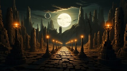 A surreal landscape where towering candlesticks morph into Bitcoin symbols under a moonlit sky