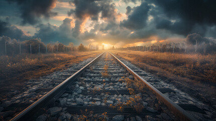 Railway in the countryside during sunset