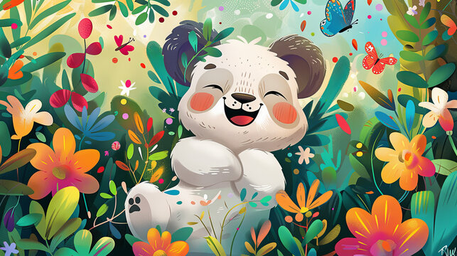 A joyful panda cub with a beaming smile sits surrounded by an explosion of colorful flowers and playful butterflies.