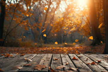 Autumn Serenity: Fallen Leaves and Wooden Deck at Sunset