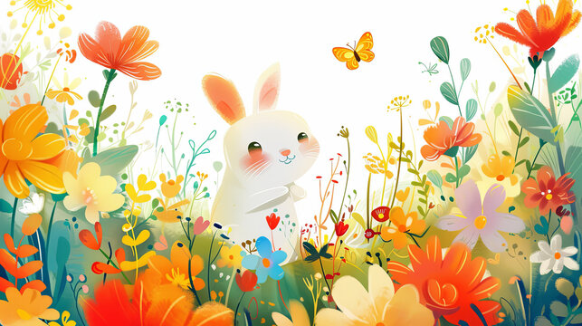 A white bunny sits with bright, content eyes among a sea of colorful flowers bathed in warm sunlight, with butterflies dancing around.
