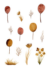 Large set of twigs and flowers. The arrival of spring. Isolated watercolor illustrations