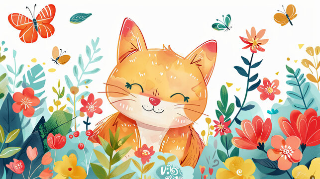 An orange cat with a joyful expression is nestled in a garden of flowers, surrounded by a flurry of colorful butterflies.