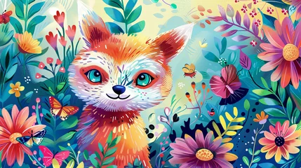 Foto op Plexiglas A bright-eyed fox cub stands alert amidst a riot of colorful blossoms, creating a lively and enchanted floral kingdom scene. © dragonflypor9