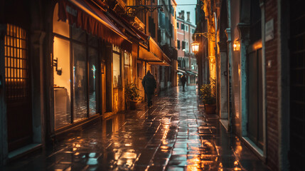 Wet ground narrow Asian street in the sunset